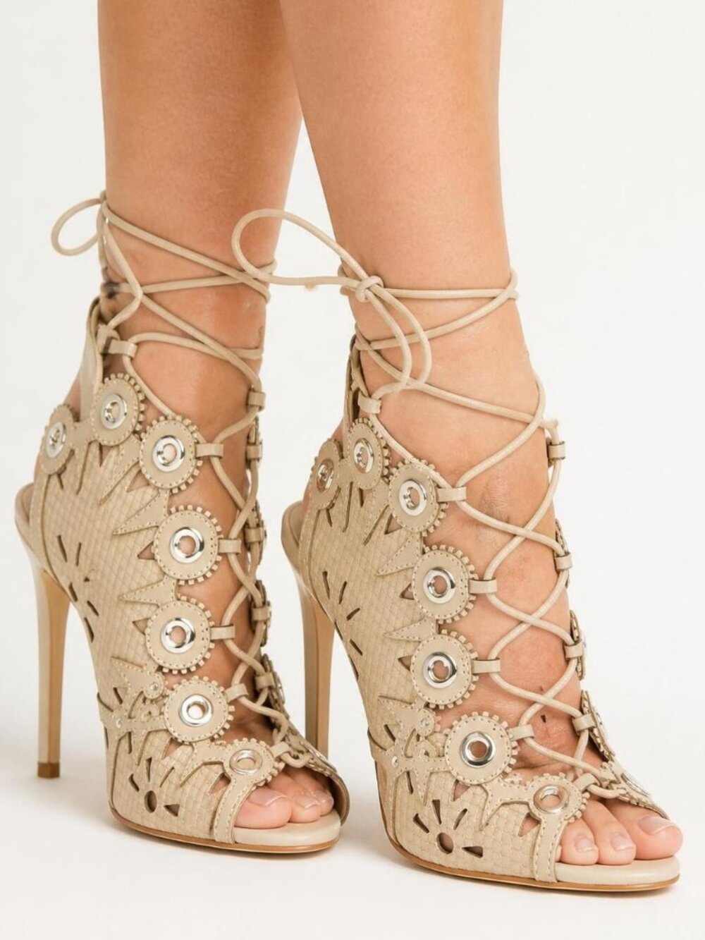 Ivy Kirzhner Castille Lace Up Stiletto - Cream Brilliant Calf/Snake Stamp